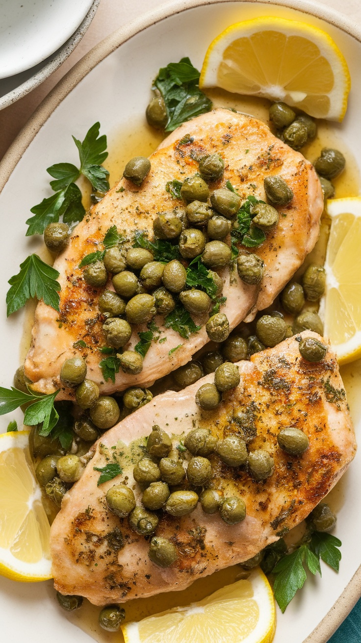 Plate of chicken piccata topped with capers and lemon slices