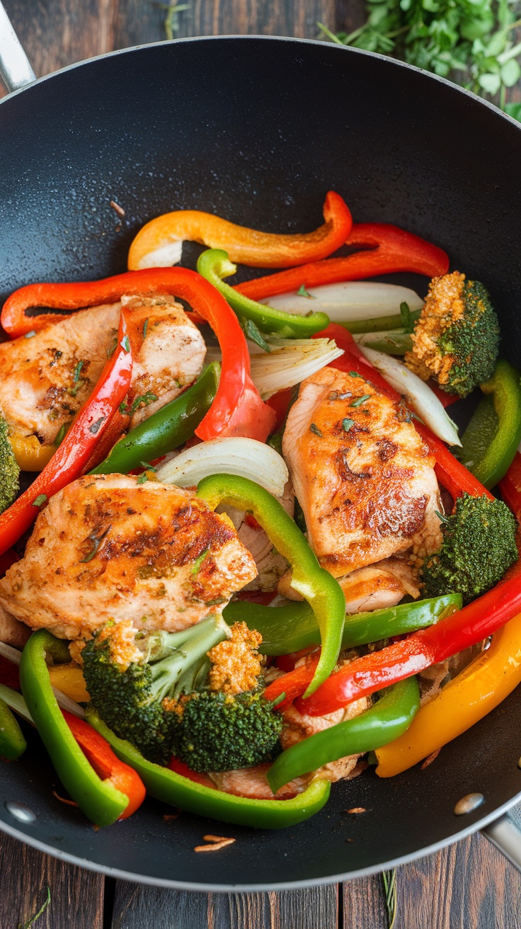 A delicious chicken stir-fry with colorful bell peppers and broccoli in a pan.