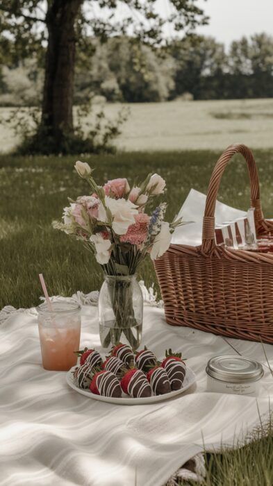 A plate of chocolate-dipped strawberries on a picnic blanket with a basket and flowers.