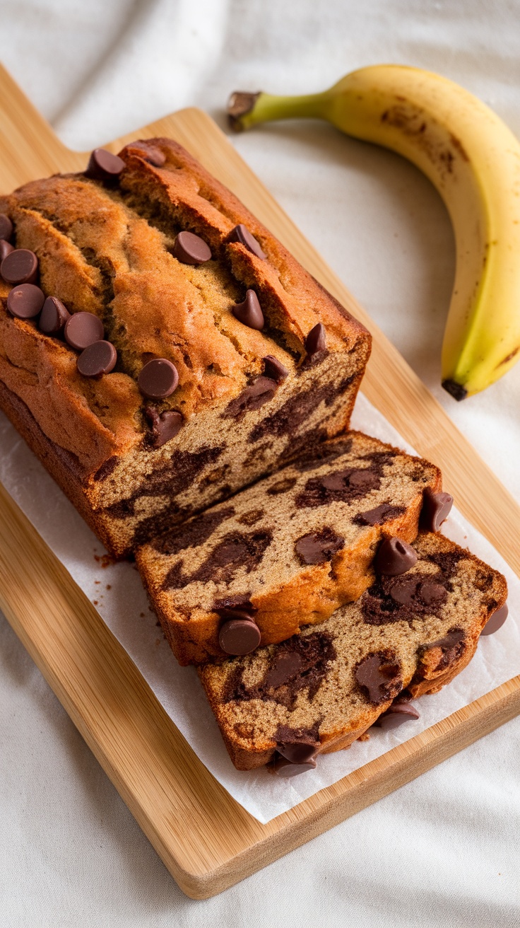 A loaf of chocolate chip banana bread on a wooden board, with slices cut and a banana beside it.