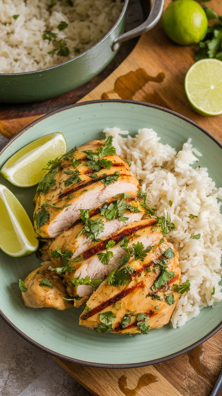 Grilled cilantro lime chicken served with rice and lime wedges on a plate.