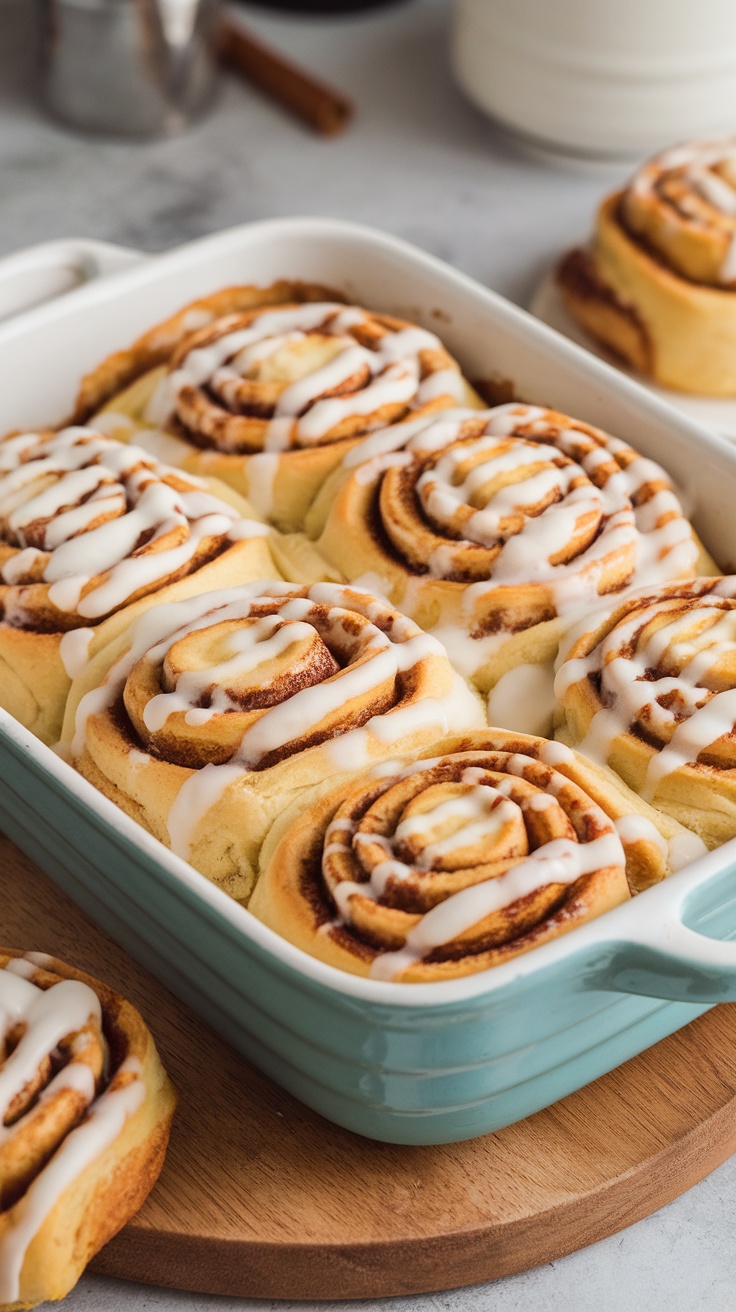 A cinnamon roll casserole topped with icing, served in a turquoise dish.