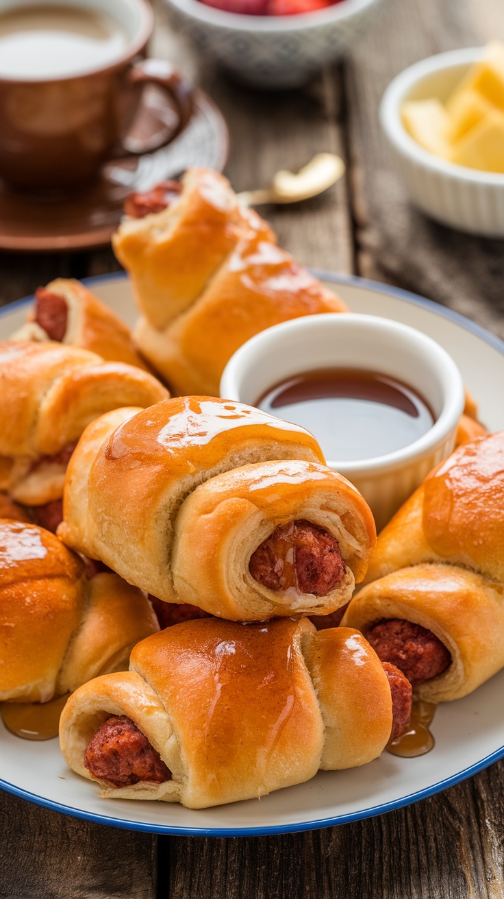 Breakfast Pigs in a Blanket on a plate, drizzled with honey and served with syrup and fruit.