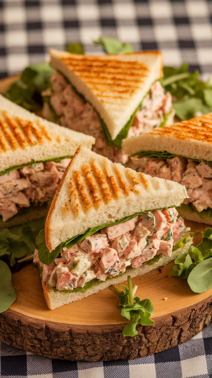 Classic chicken salad sandwiches on a wooden platter, surrounded by greens.