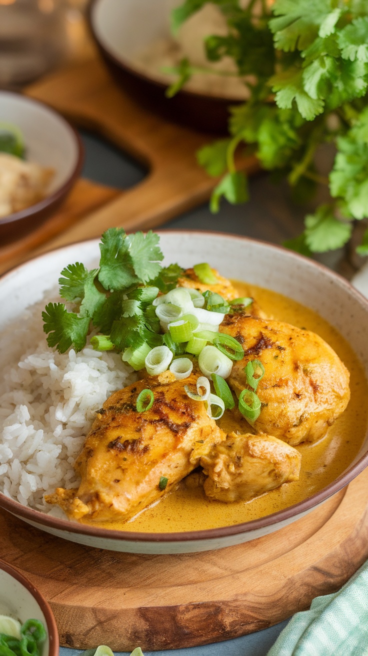 Bowl of coconut curry chicken served with rice and garnished with cilantro and green onions.