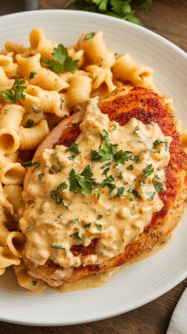 Creamy garlic parmesan chicken served with pasta and garnished with parsley