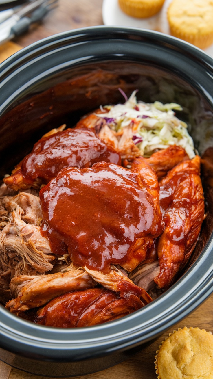 Crockpot filled with BBQ chicken and coleslaw