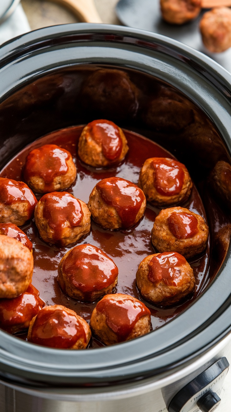 Crockpot filled with BBQ meatballs covered in sauce