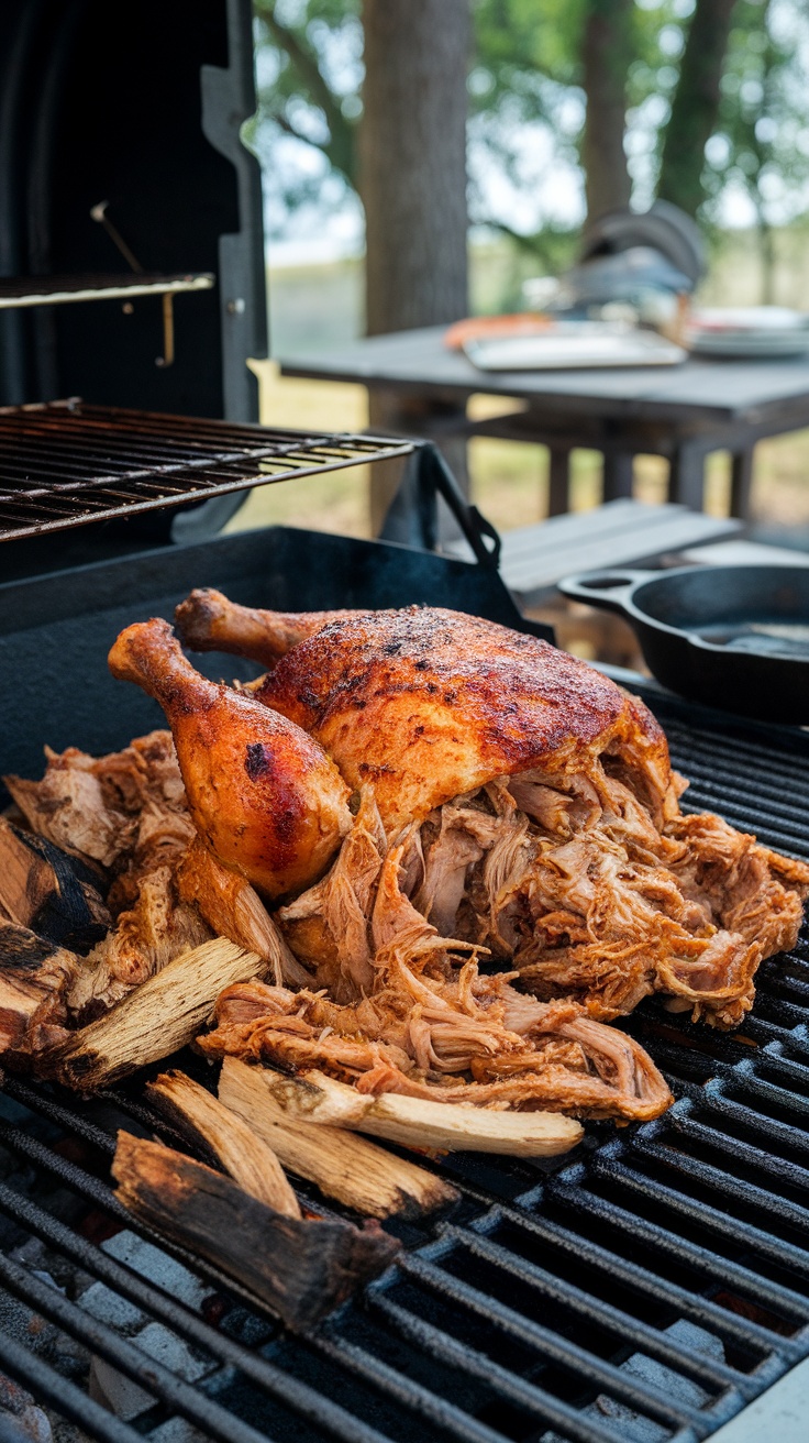 BBQ pulled chicken cooking in a crockpot with wood chips.