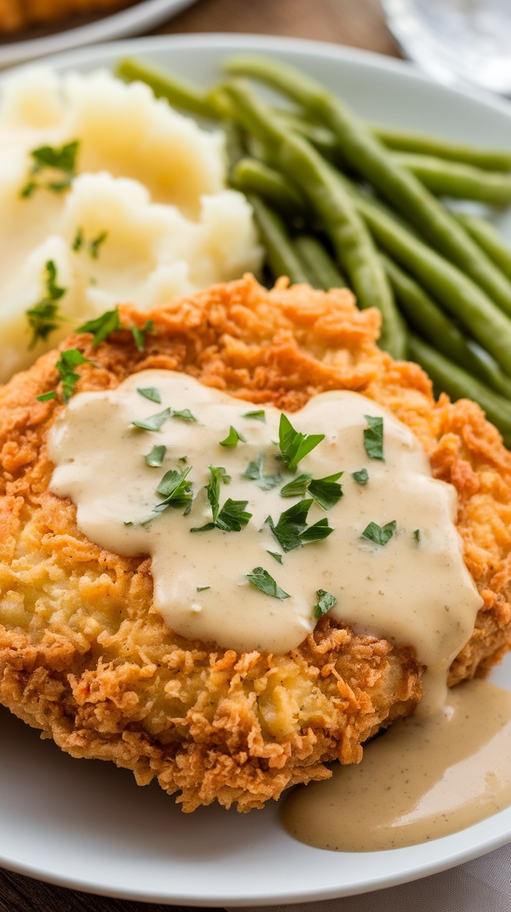 Chicken Fried Steak with gravy on a plate alongside mashed potatoes and green beans.