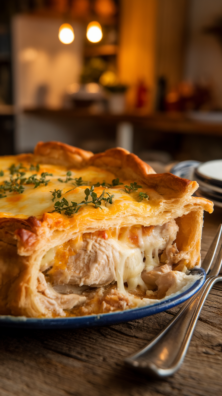 Homemade chicken bake with melted cheese in flaky pastry on a rustic table.