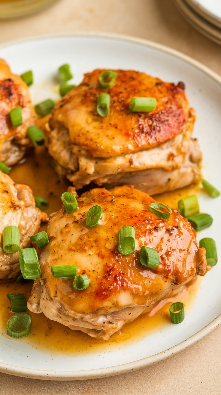 Oven baked honey mustard chicken thighs served with rice and broccoli on a rustic table.