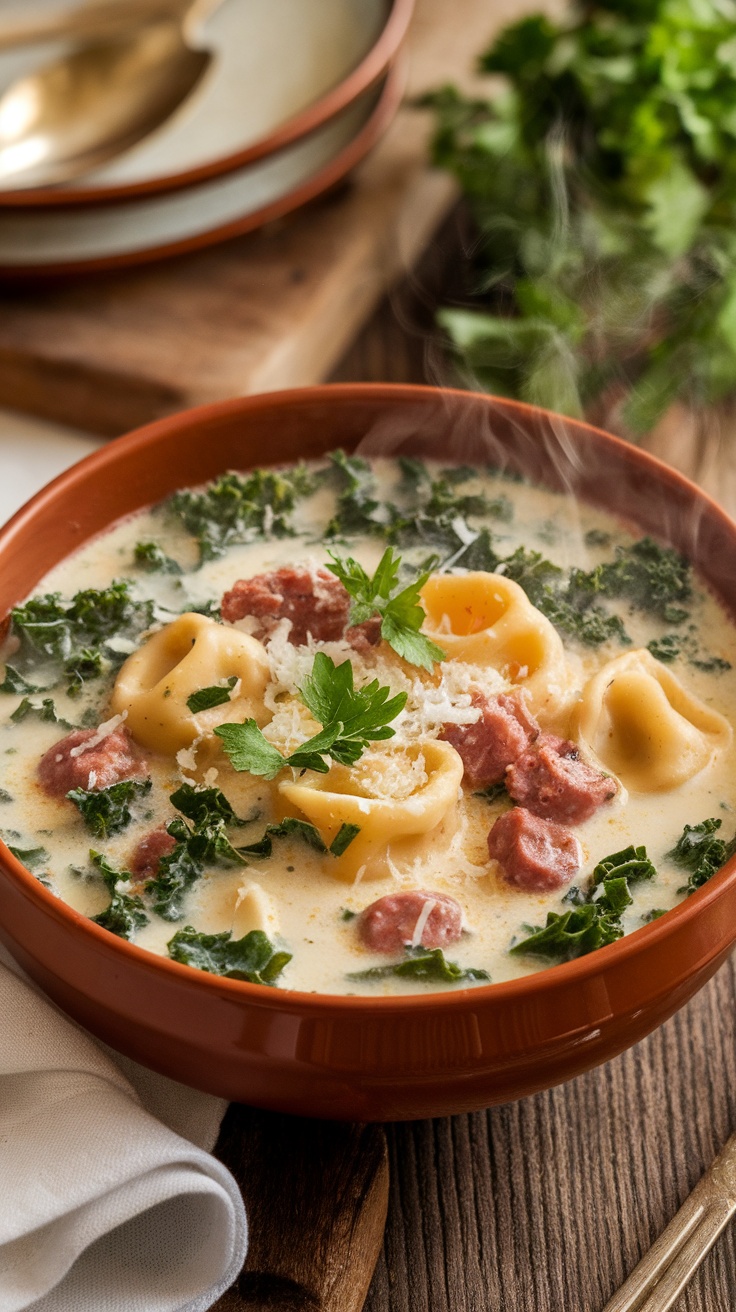 Creamy sausage tortellini soup with kale, garnished with Parmesan, served in a rustic setting.