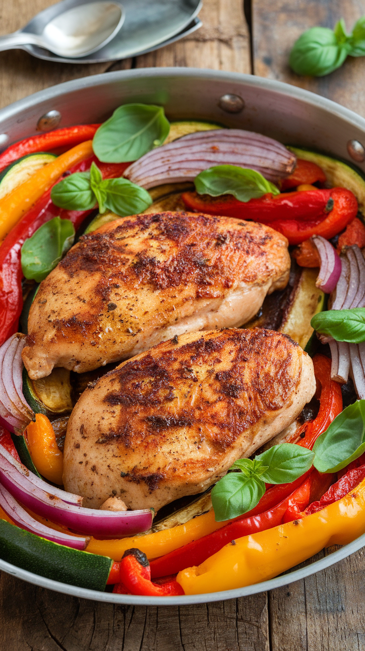 Balsamic chicken and veggies in a pan, featuring roasted bell peppers, zucchini, and red onion, garnished with basil.