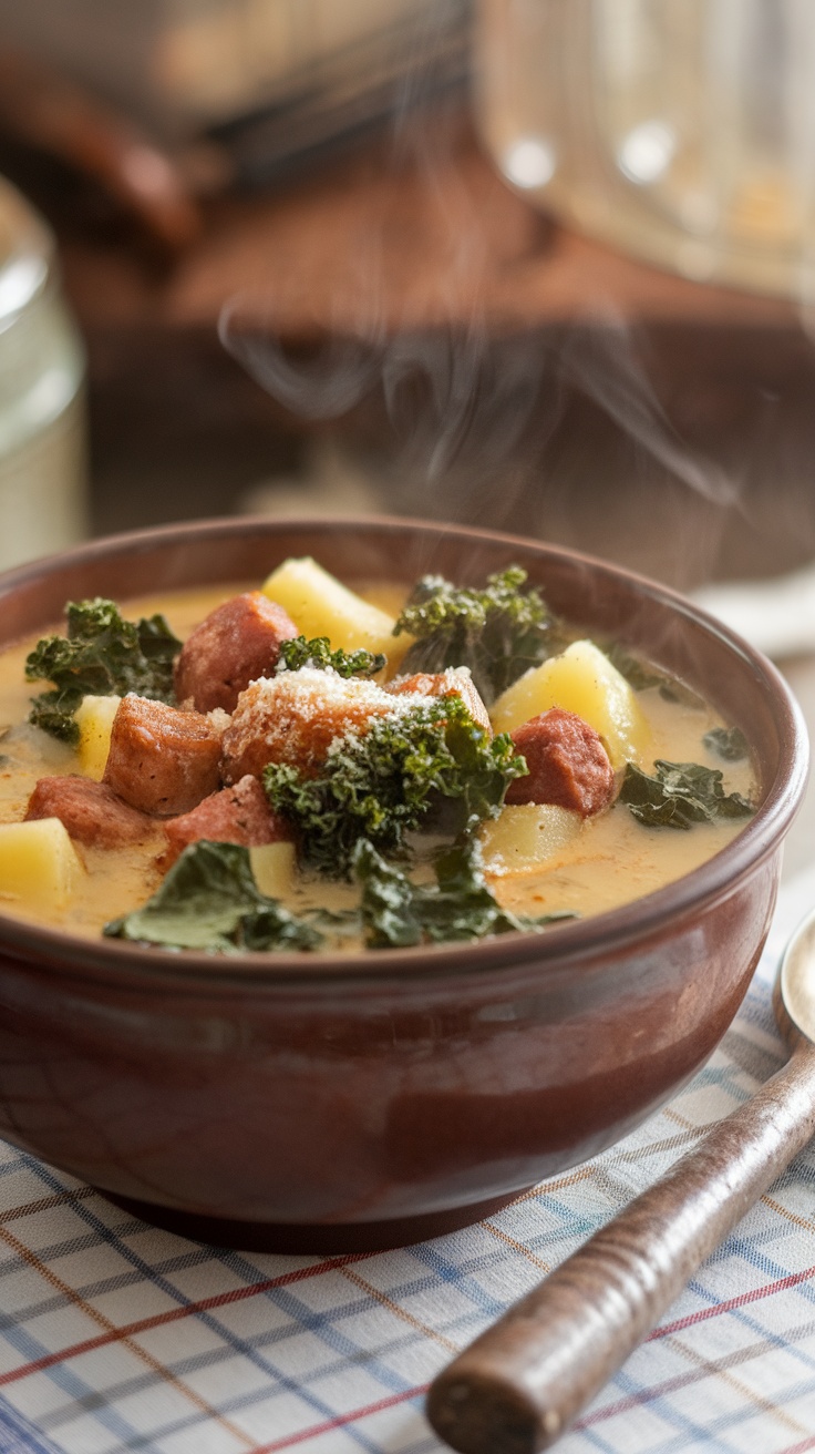 A bowl of Zuppa Toscana Soup with sausage, potatoes, and kale, garnished with Parmesan cheese on a rustic table.