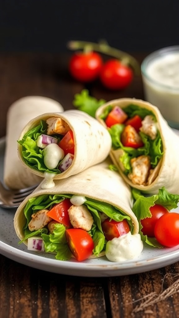 Grilled Chicken Ranch Wraps with chicken, greens, and ranch on a plate, cut in half.