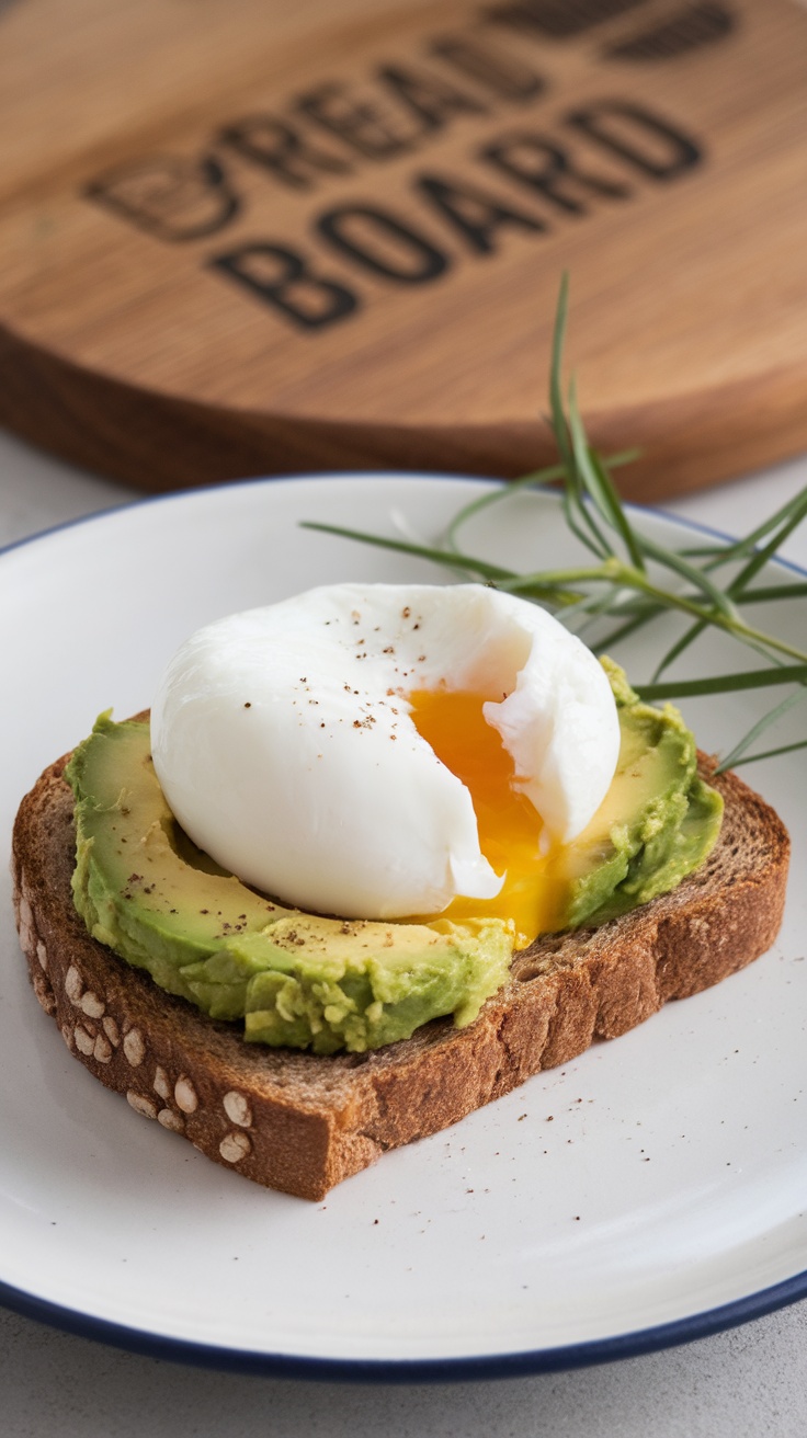 A slice of whole grain bread topped with mashed avocado and a poached egg.