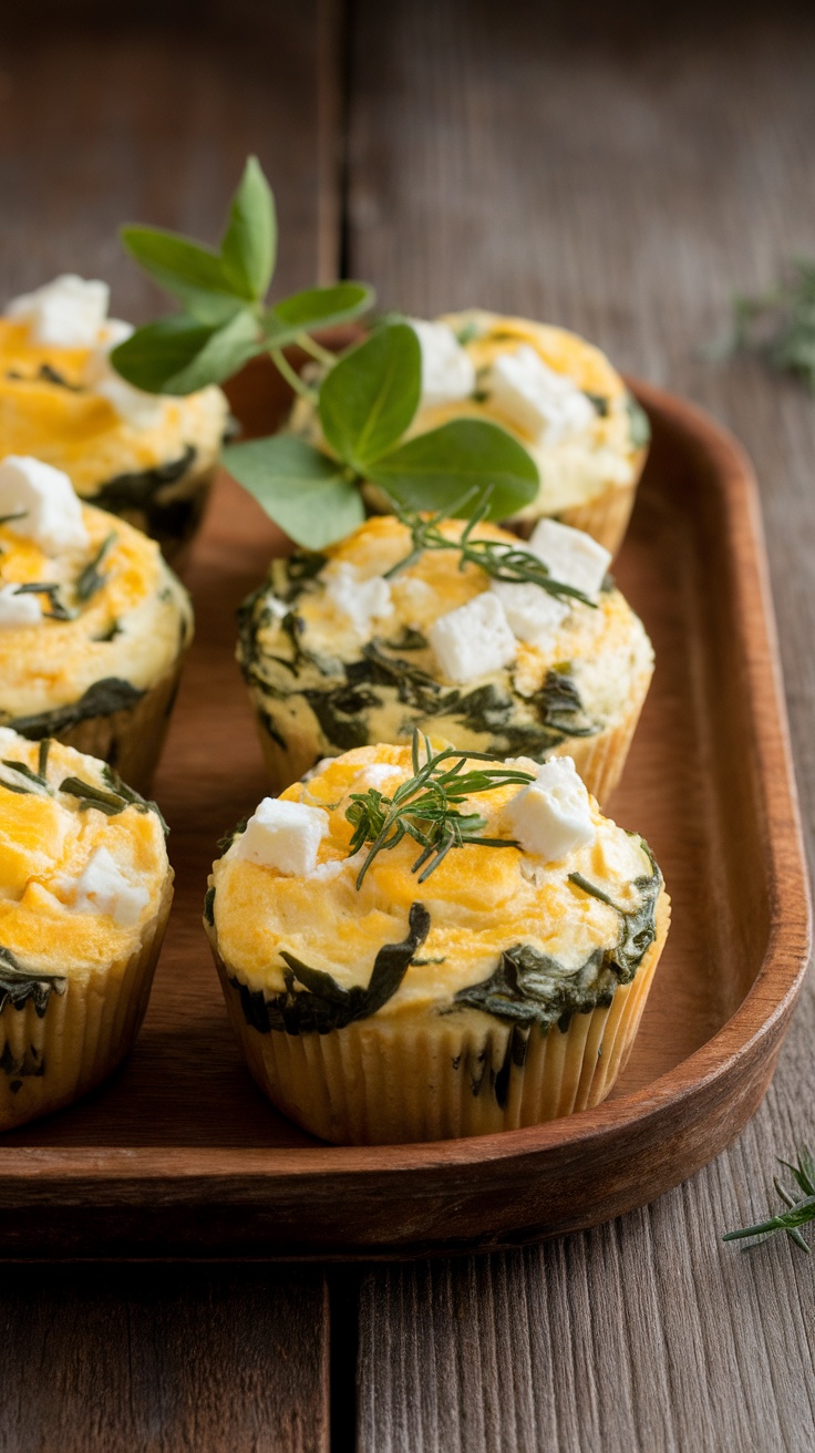 Egg muffins with spinach and feta on a wooden platter.