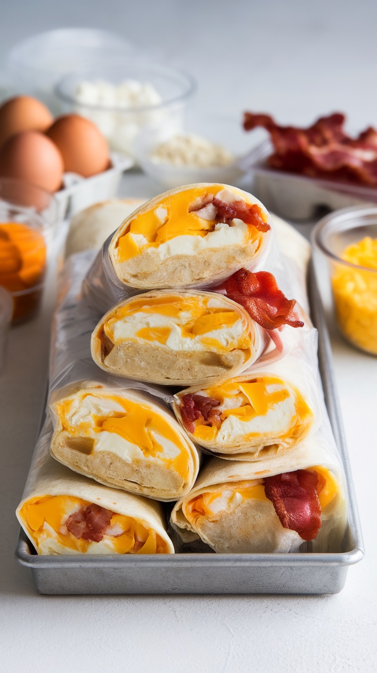 A tray of freezer-friendly breakfast burritos filled with eggs and cheese.