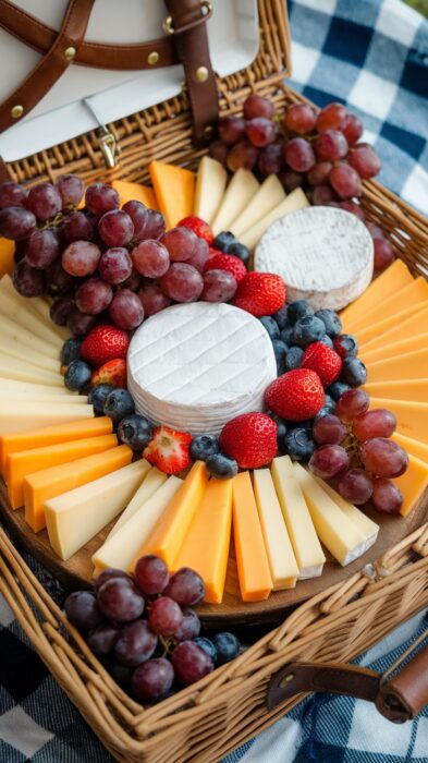 A colorful fruit and cheese platter featuring brie, cheddar, gouda, grapes, strawberries, and blueberries.