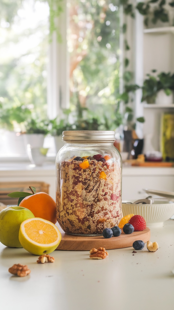 A jar of fruit and nut overnight quinoa surrounded by fresh fruits on a kitchen counter