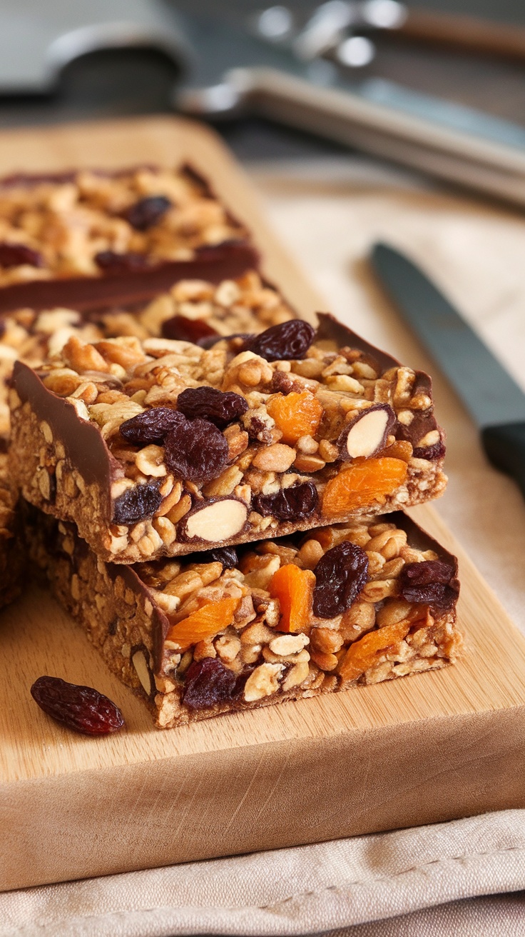 Homemade granola bars with dried fruits and nuts on a wooden board