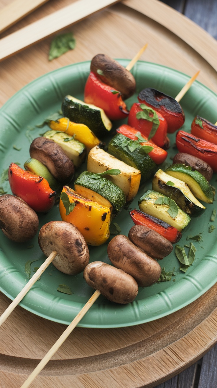 A plate of grilled vegetable skewers including bell peppers, zucchini, and mushrooms