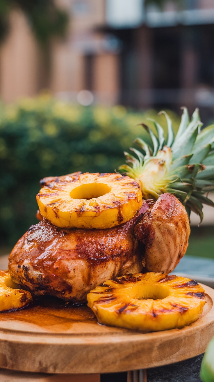 Grilled Hawaiian BBQ chicken topped with pineapple slices on a wooden platter.