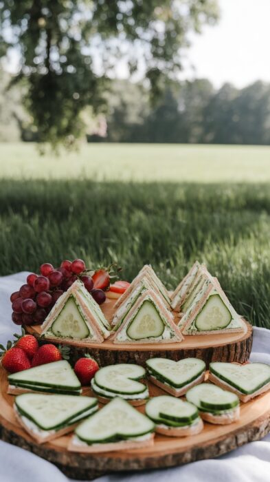 A platter of herbed cream cheese and cucumber sandwiches with strawberries and grapes.