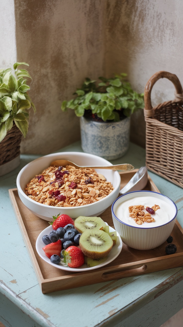 A bowl of homemade granola with yogurt and fresh fruits, including strawberries, blueberries, and kiwi, on a wooden tray.