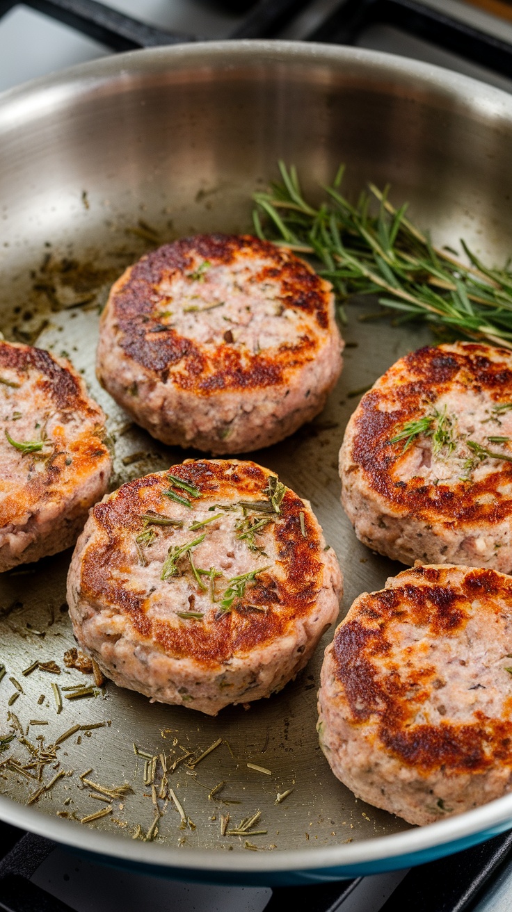 Homemade breakfast sausage patties in a skillet with herbs.