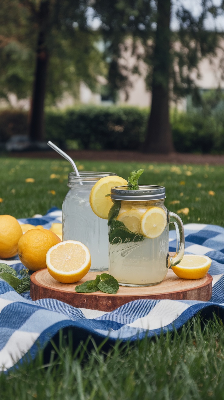 Two mason jars filled with lemonade, garnished with lemon slices and mint, placed on a picnic blanket.