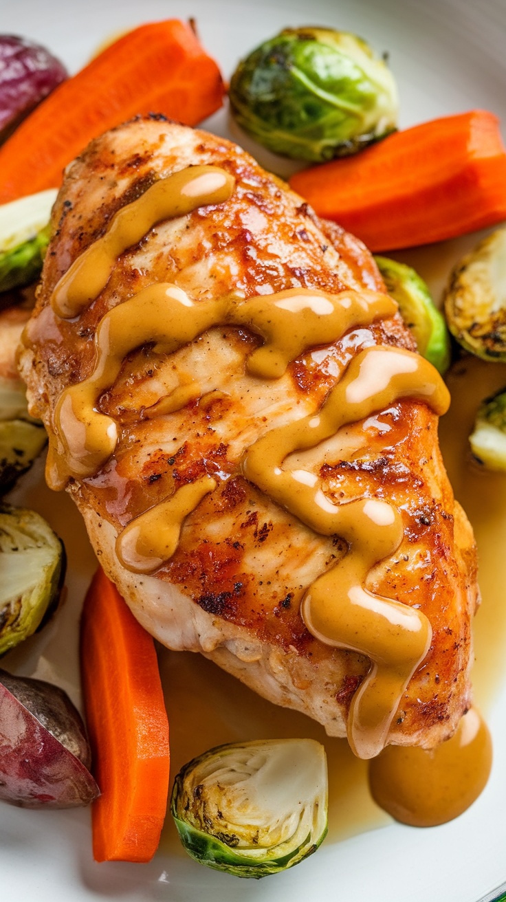 Honey mustard glazed chicken served with roasted carrots and Brussels sprouts