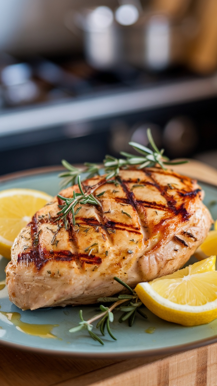 Grilled chicken breast with lemon and herbs on a plate.