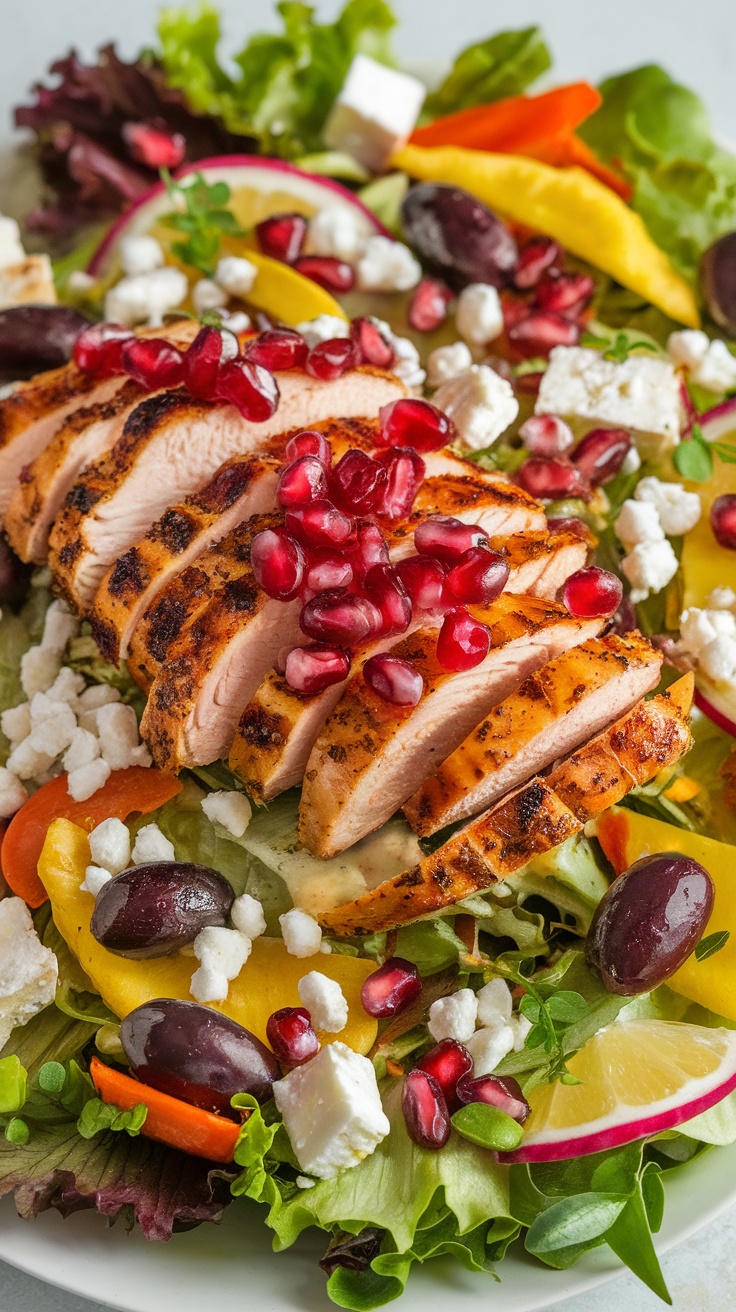 A vibrant Mediterranean chicken salad with sliced grilled chicken, mixed greens, colorful vegetables, olives, and pomegranate seeds.