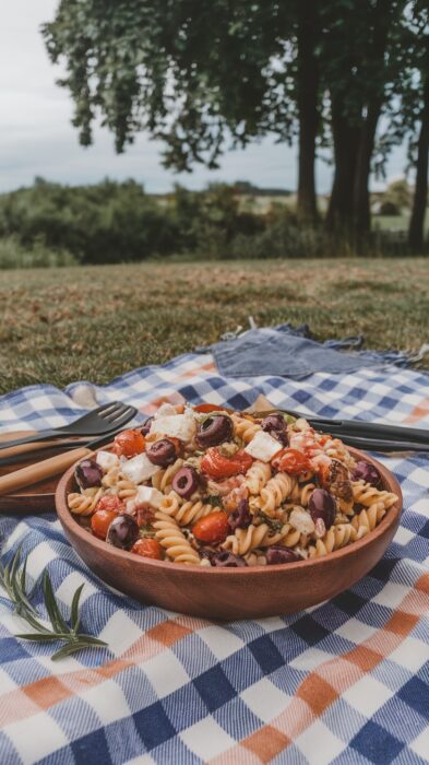 A bowl of Mediterranean pasta salad with olives and cherry tomatoes on a picnic blanket.