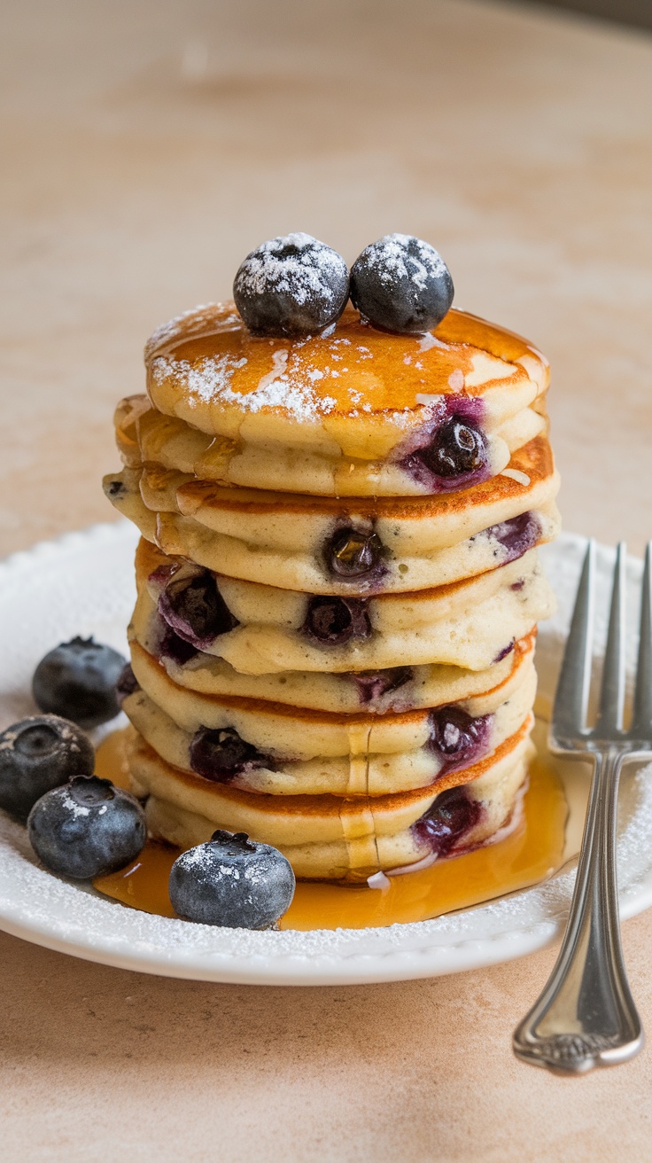 A stack of mini blueberry pancakes topped with syrup and blueberries