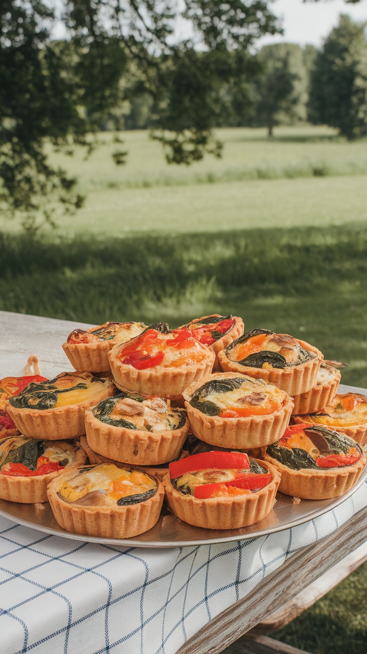 A plate of mini quiches with seasonal vegetables stacked on a wooden table outdoors.