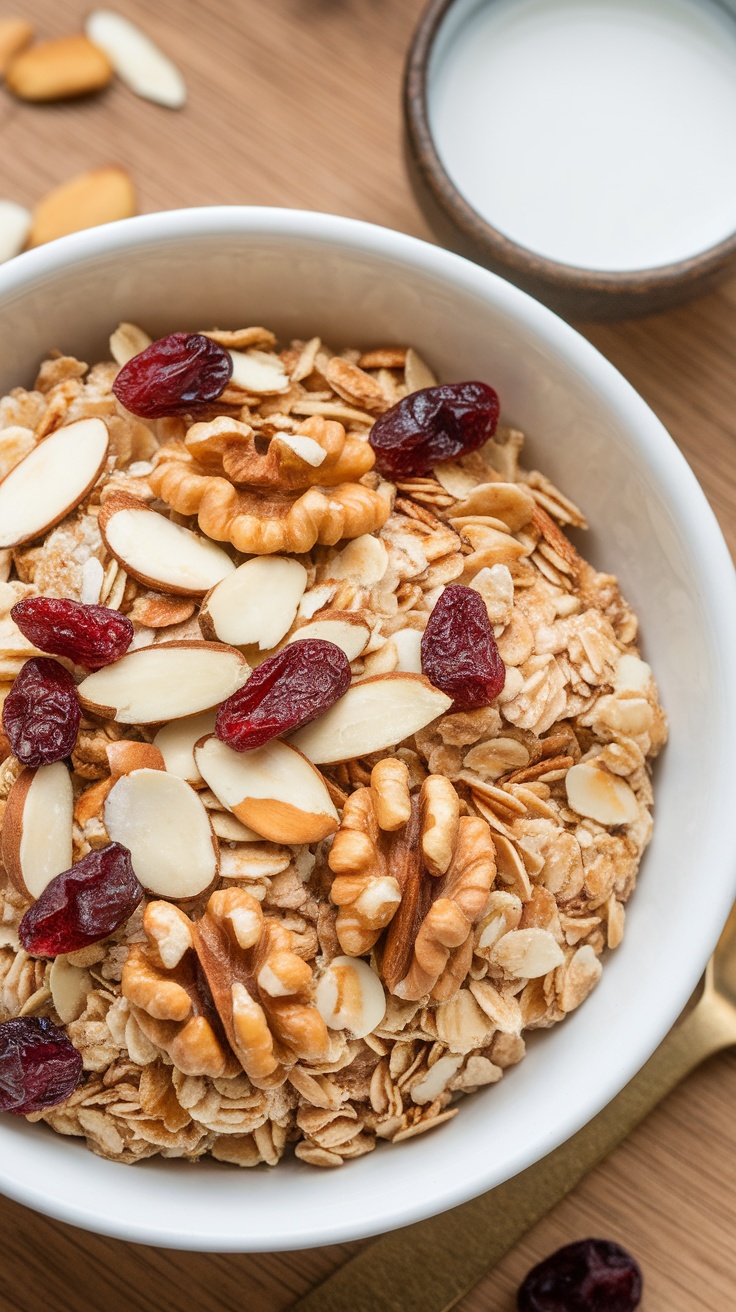 A bowl of muesli with nuts and dried fruits on a wooden surface.