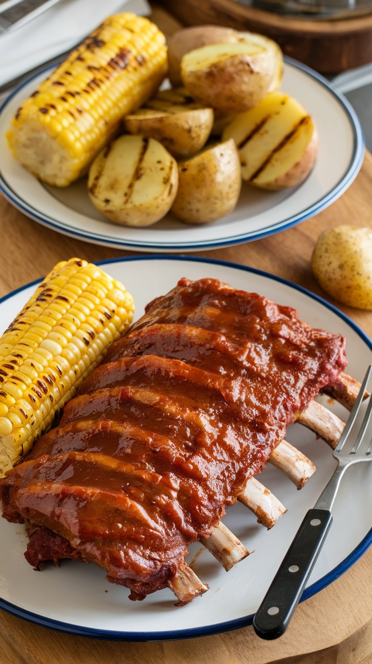 Plated oven baked BBQ ribs with grilled corn and potatoes.