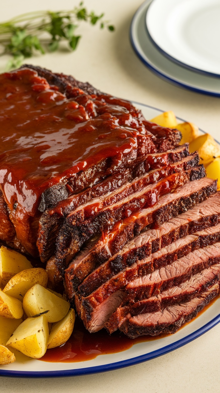 A delicious oven roasted brisket served with sliced pieces and golden potatoes.