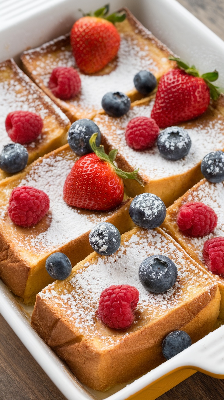 Delicious Overnight French Toast Casserole topped with strawberries, raspberries, and blueberries.