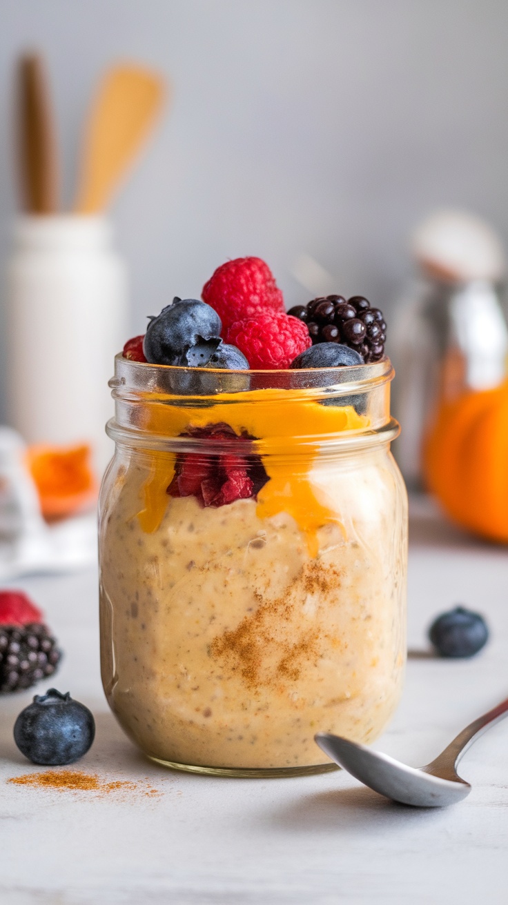 A jar of overnight oats topped with fresh berries and mango slices.