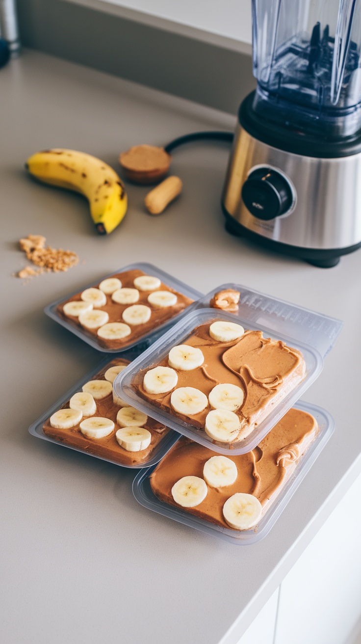 Ingredients for Peanut Butter Banana Smoothie Packs including bananas, peanut butter, and a blender.