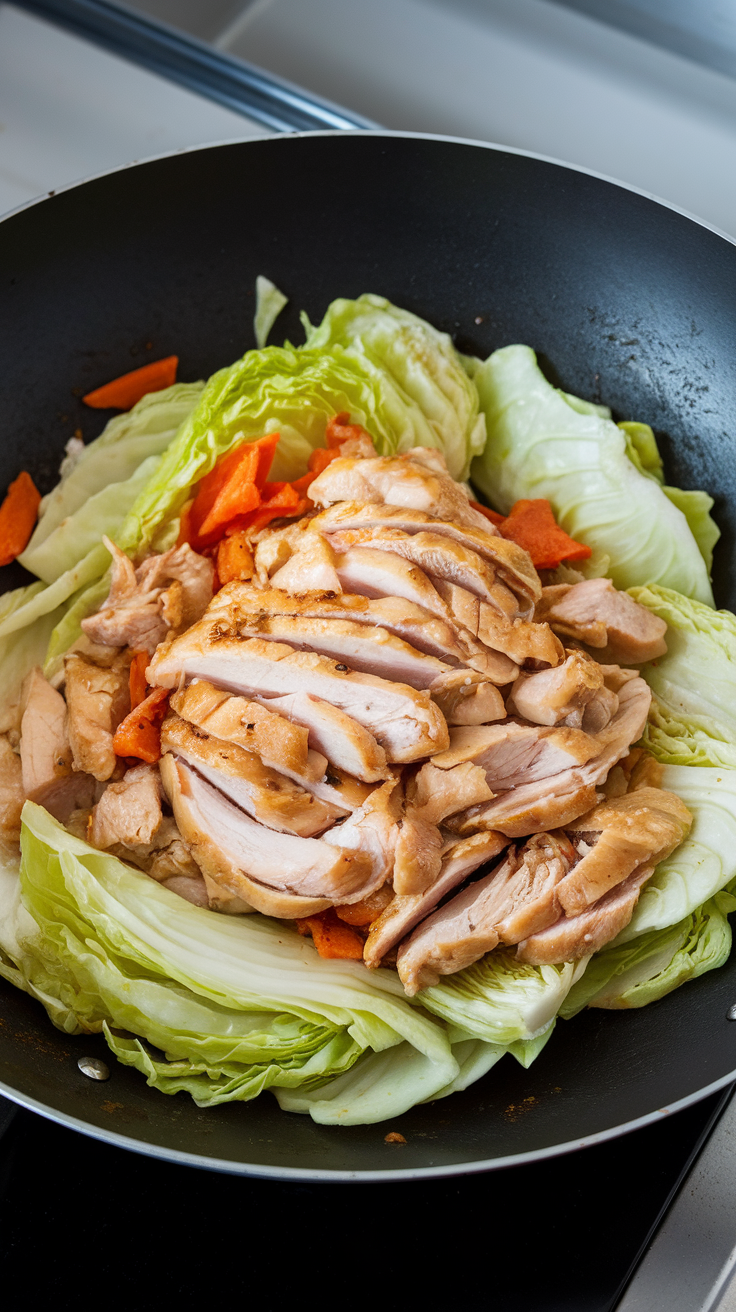 A healthy chicken and cabbage stir-fry with colorful vegetables in a bowl, garnished with green onions.