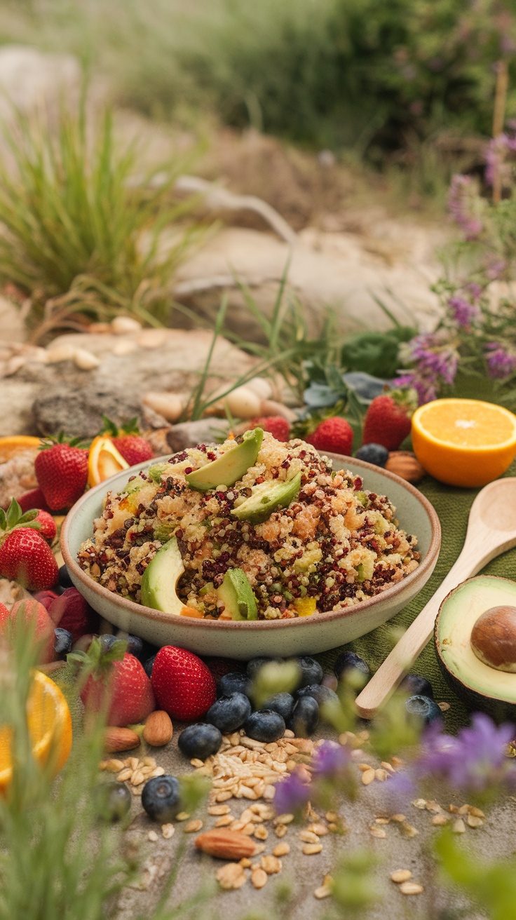 A colorful quinoa salad with avocado, black beans, strawberries, blueberries, and citrus fruits, set in a natural outdoor setting.