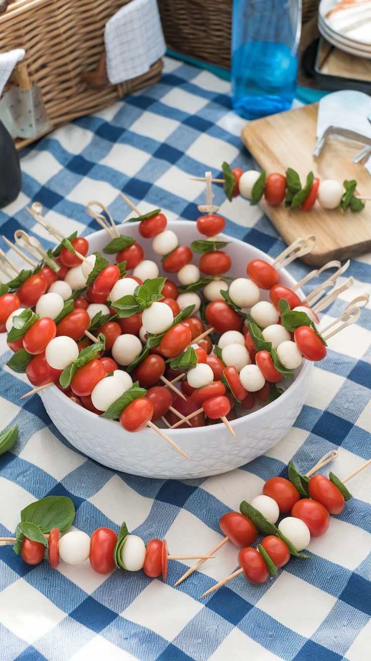 A bowl filled with Caprese skewers made of cherry tomatoes, mozzarella balls, and basil leaves.