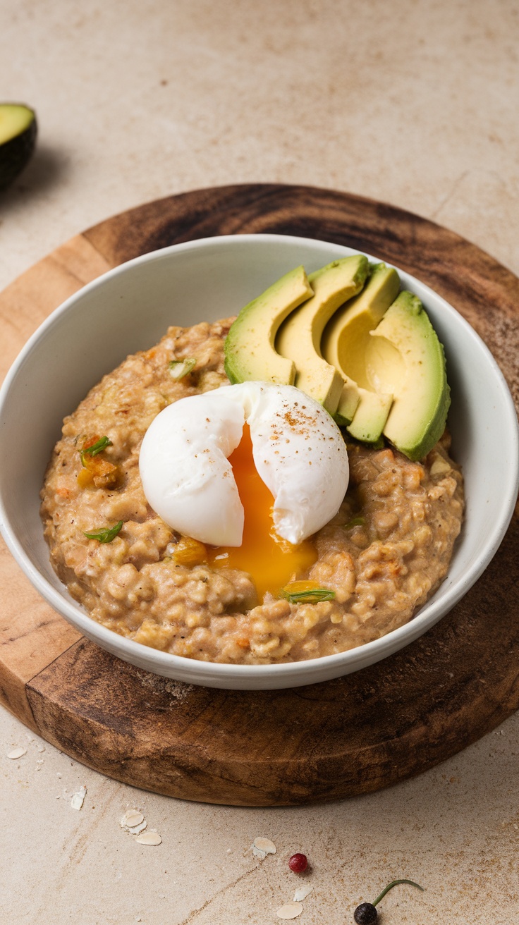 A bowl of savory oatmeal topped with a poached egg and sliced avocado.