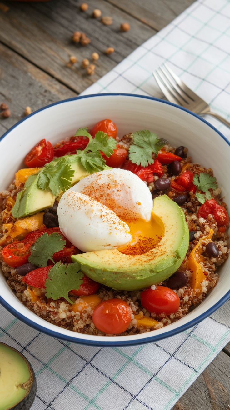 A colorful quinoa breakfast bowl topped with avocado, cherry tomatoes, and a poached egg.