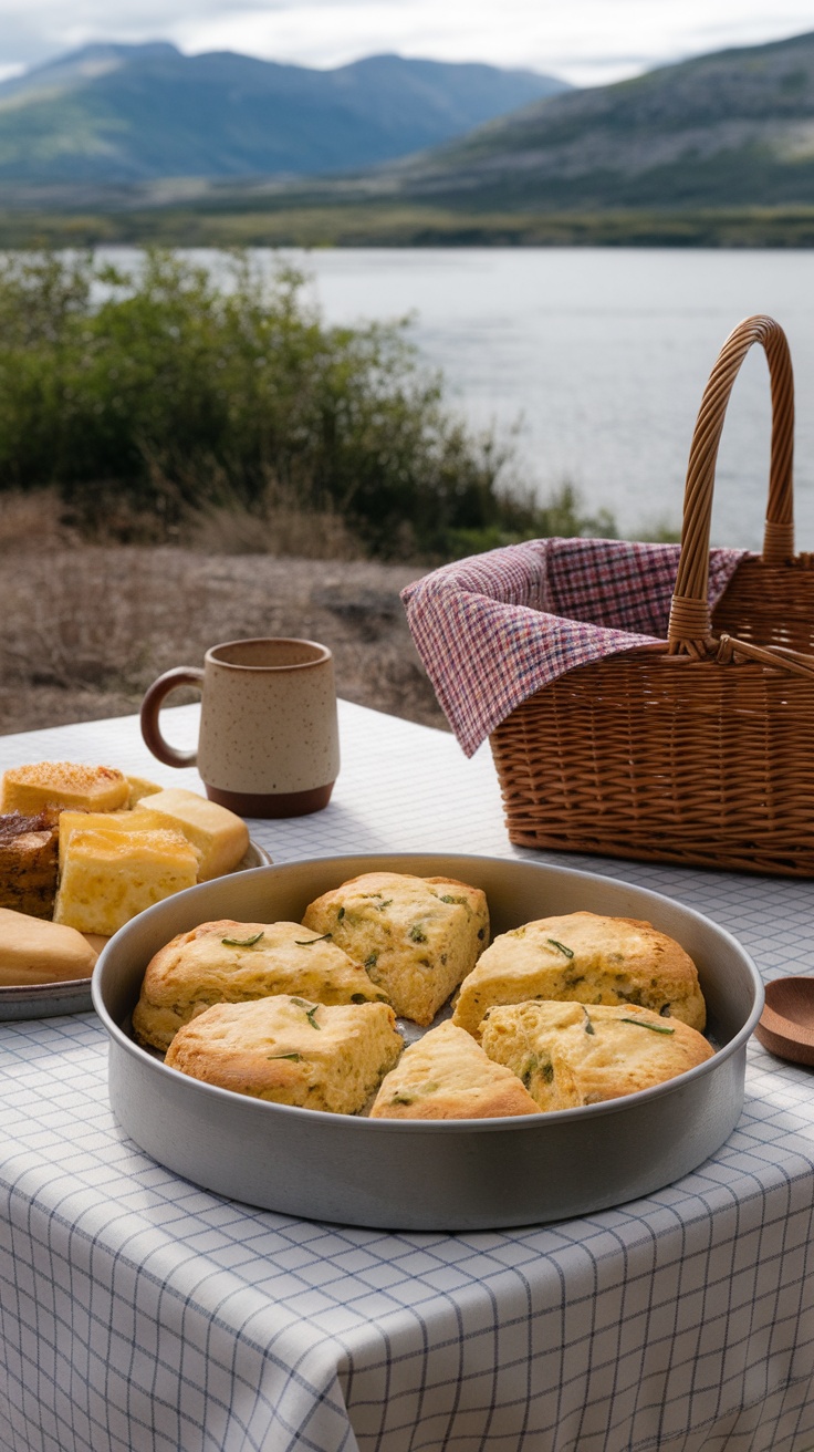 Savory scones with cheese and chives on a picnic table by the water.